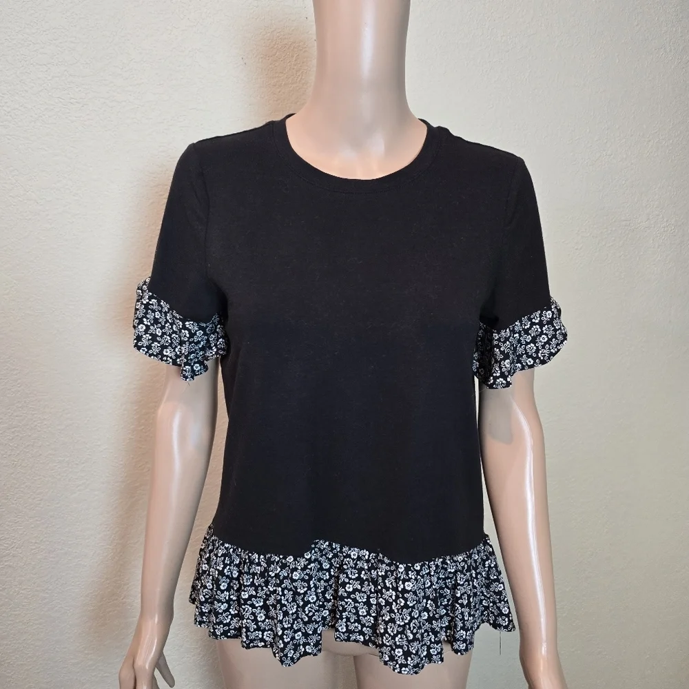 Kate Spade Women's Black Ruffle-Hem Short Sleeve Top Xs